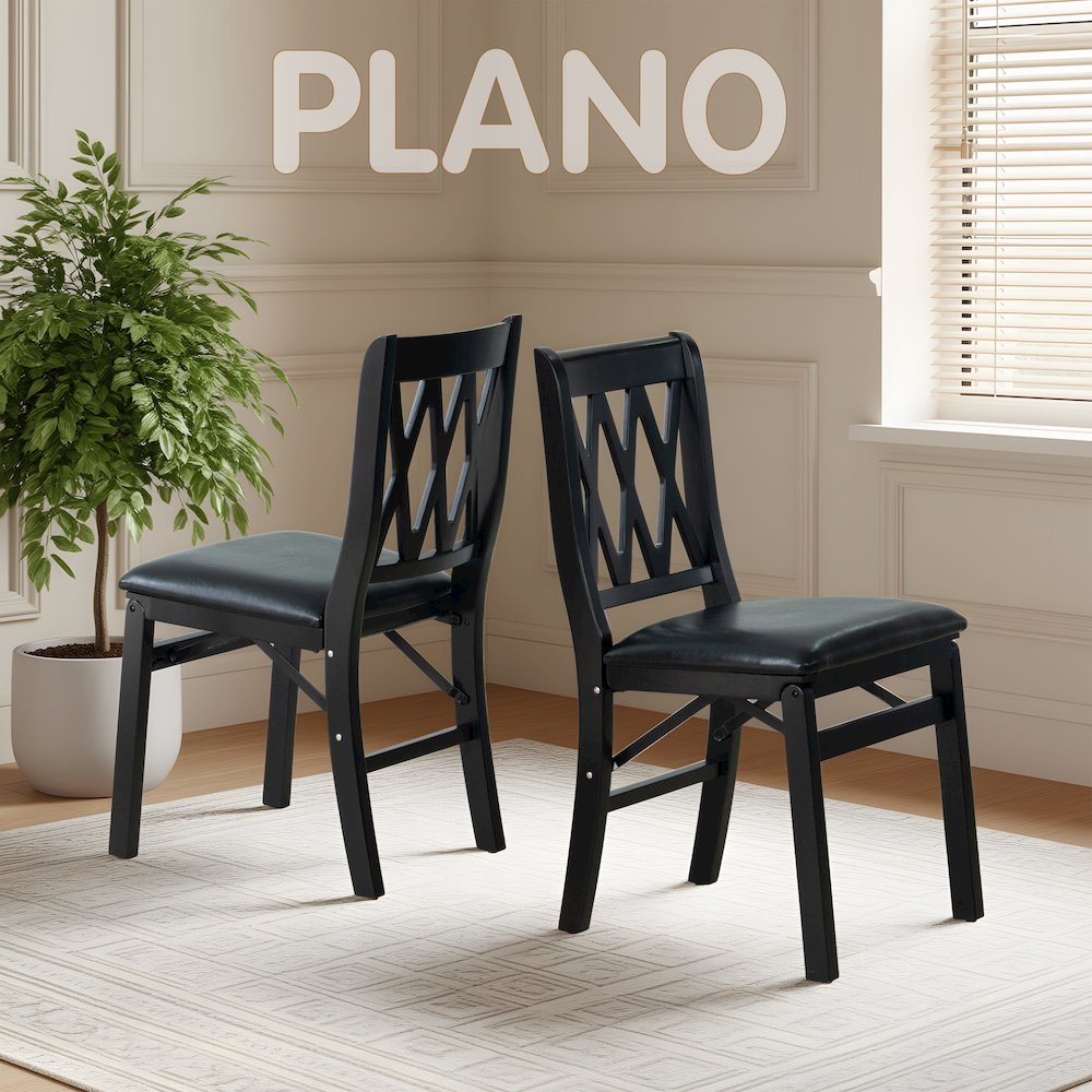 Plano Modern Dinner Chairs with PU Leather Seat, 3-X Back, Set of 2, Black Wood. Picture 2