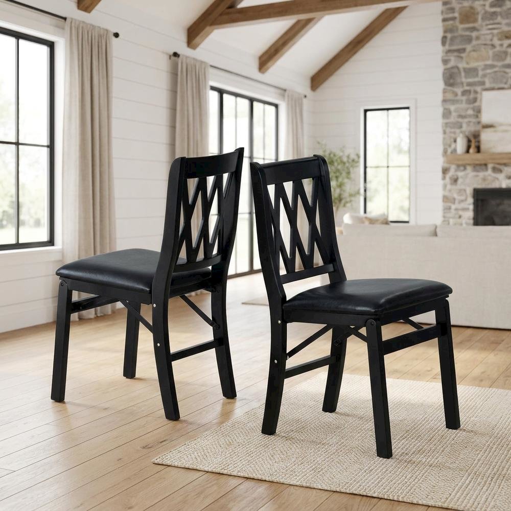 Solid Wood Dining Chairs with PU Leather Seat and 3-X Back, Black, Set of 2. Picture 2