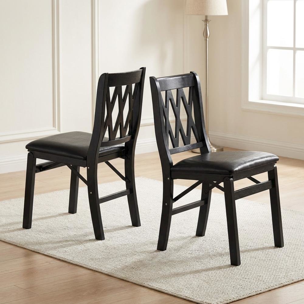 Solid Wood Dining Chairs with PU Leather Seat and 3-X Back, Black, Set of 2. Picture 3