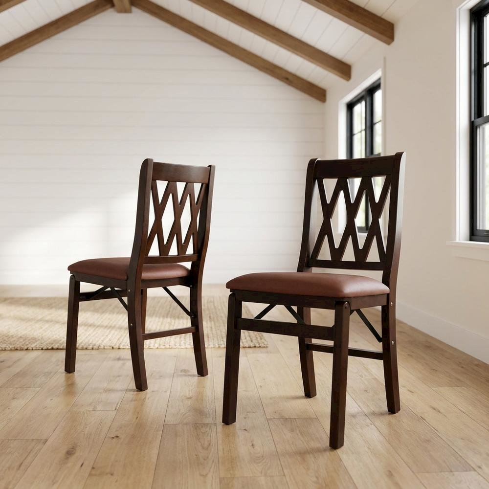 Solid Wood Dining Chairs with PU Leather Seat and 3-X Back, Mahogany, Set of 2. Picture 2
