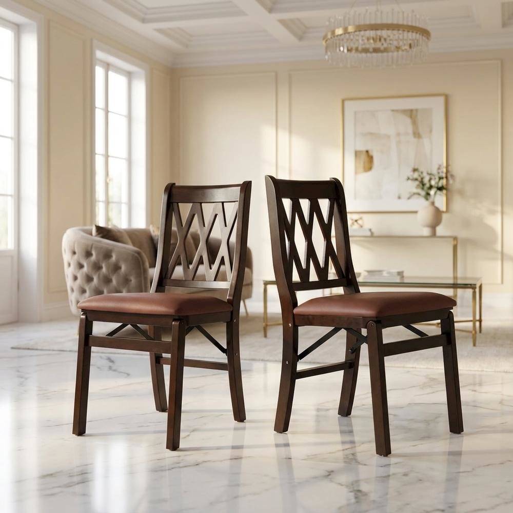 Solid Wood Dining Chairs with PU Leather Seat and 3-X Back, Mahogany, Set of 2. Picture 3