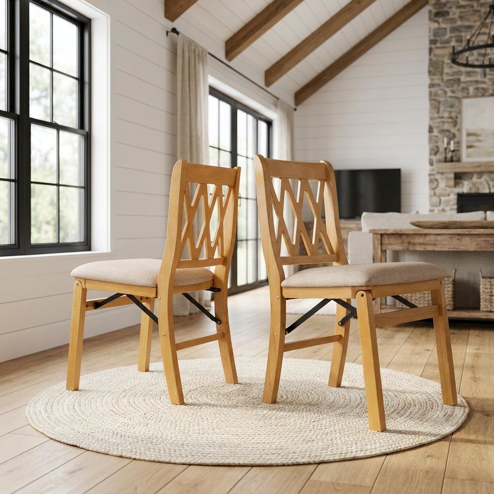 Solid Wood Dining Chairs with PU Leather Seat and 3-X Back, Oak, Set of 2. Picture 2
