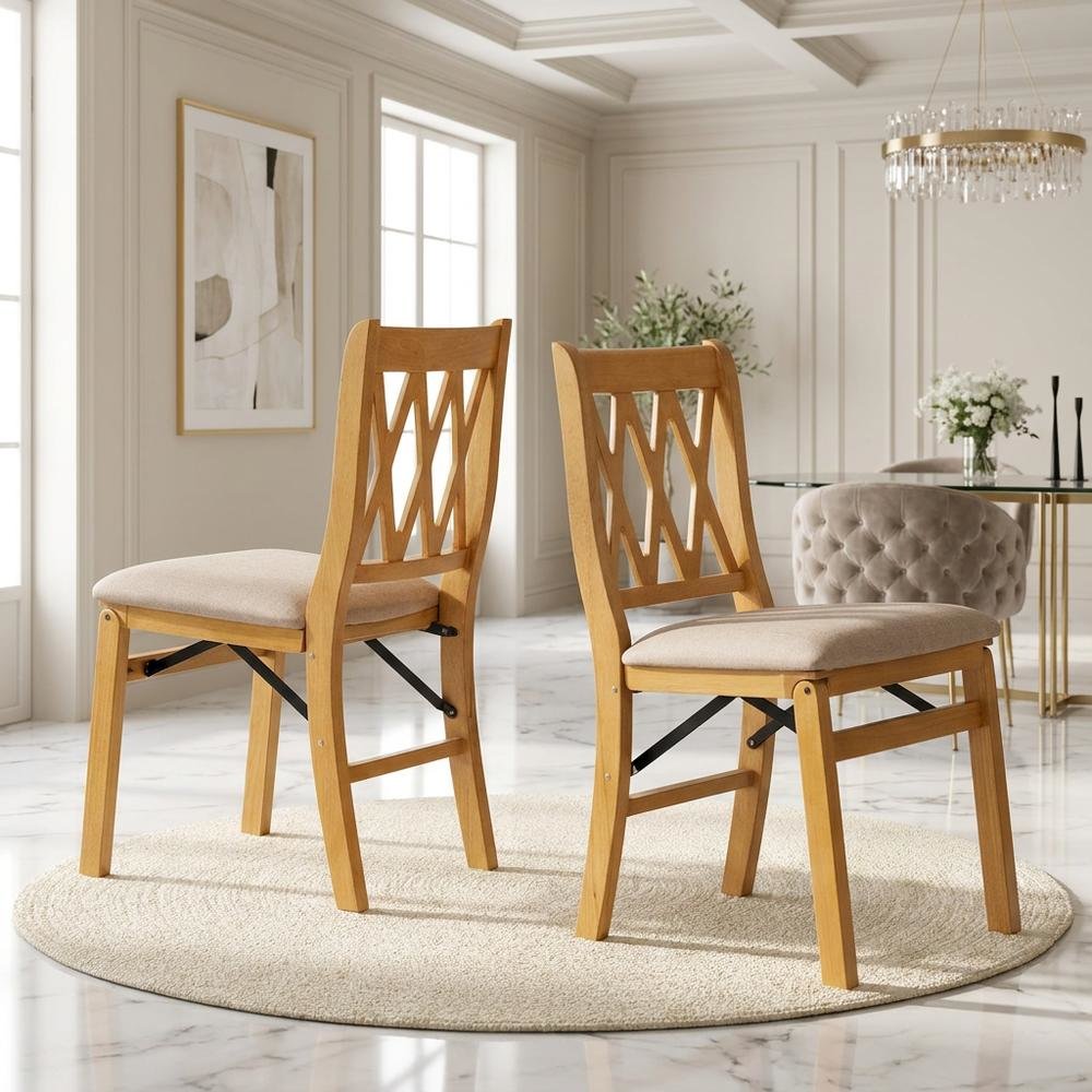 Solid Wood Dining Chairs with PU Leather Seat and 3-X Back, Oak, Set of 2. Picture 3