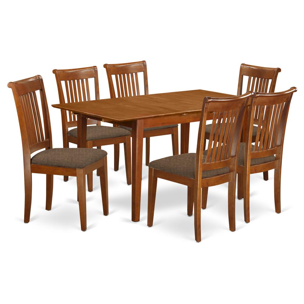 PSPO7-SBR-C 7 Pc set Rectangular Kitchen Table featuring 12" Leaf and 6Fabric Kitchen Chairs in Saddle Brown. Picture 1