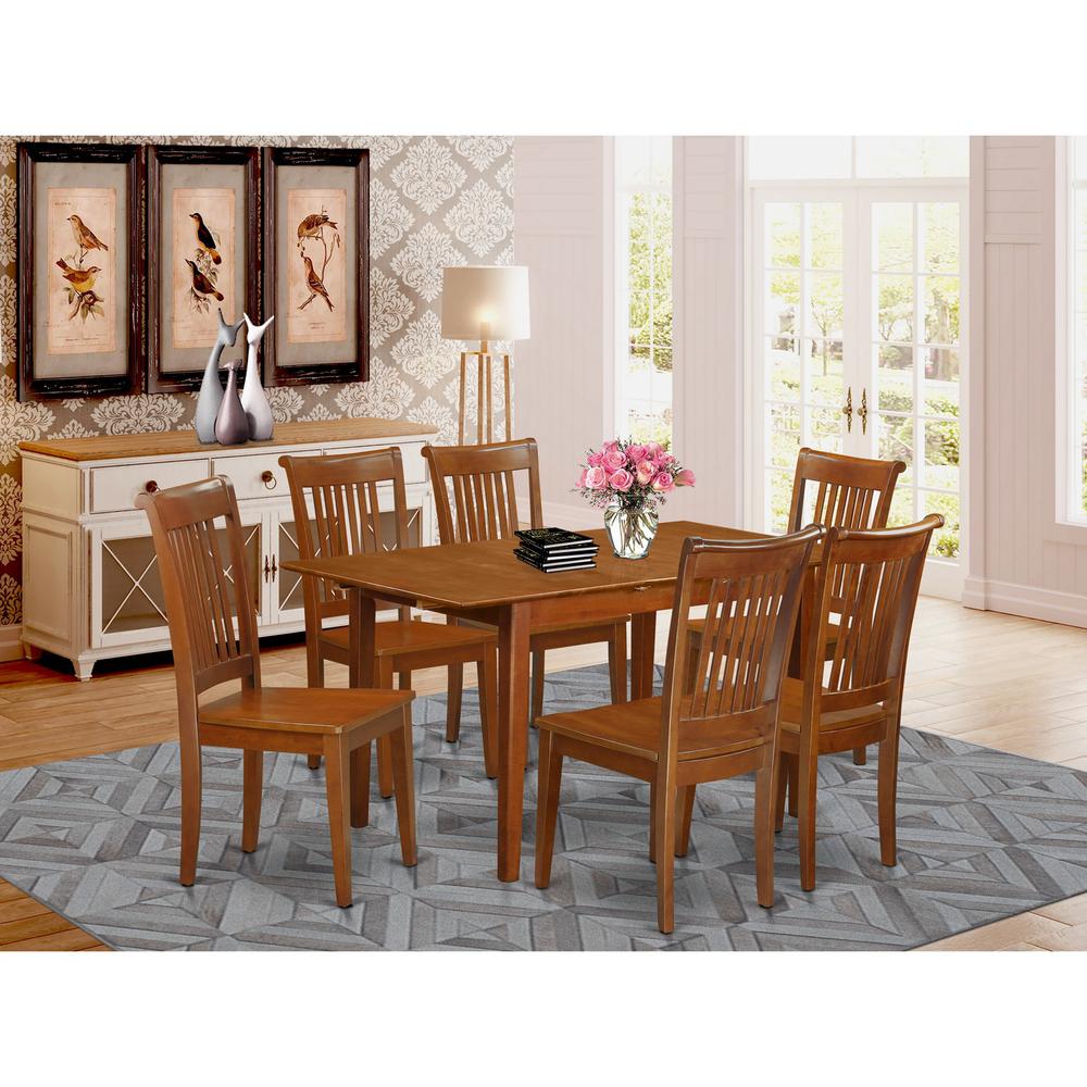 7  Pc  set  Rectangular  Kitchen  Table  having  12"  Leaf  and  6  Wood  Dinette  Chairs  in  Saddle  Brown. Picture 2