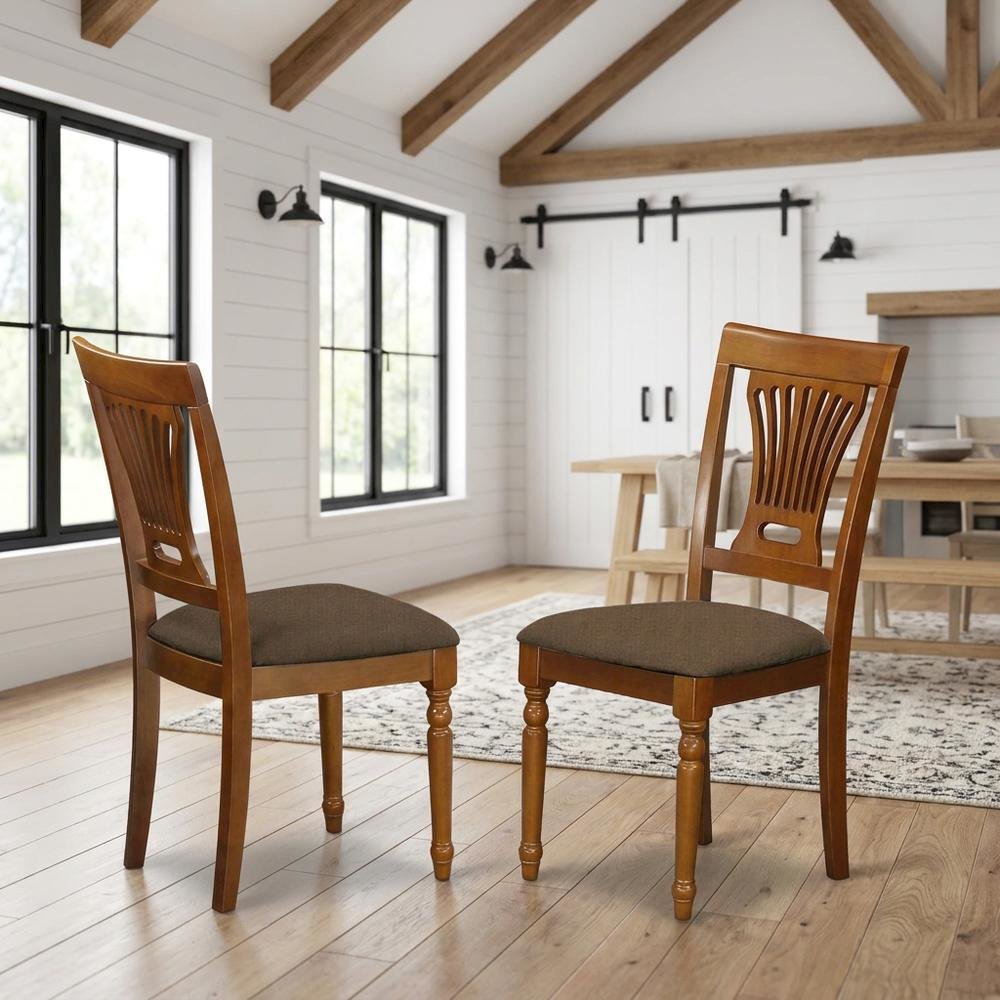 Solid Wood Dining Chair with Linen Fabric Cushion Seat, Set of 2, Saddle Brown. Picture 2