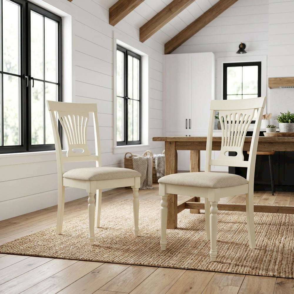 Solid Wood Upholstered Dining Chair with Linen Cushioned Seat, Traditional, Set of 2. Picture 3