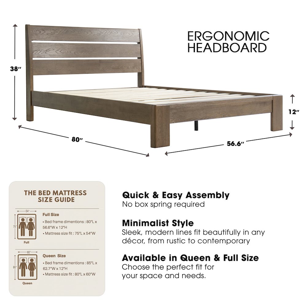 Full Wooden Platform Bed Frame, Barnwood Finish, Morden Style. Picture 1
