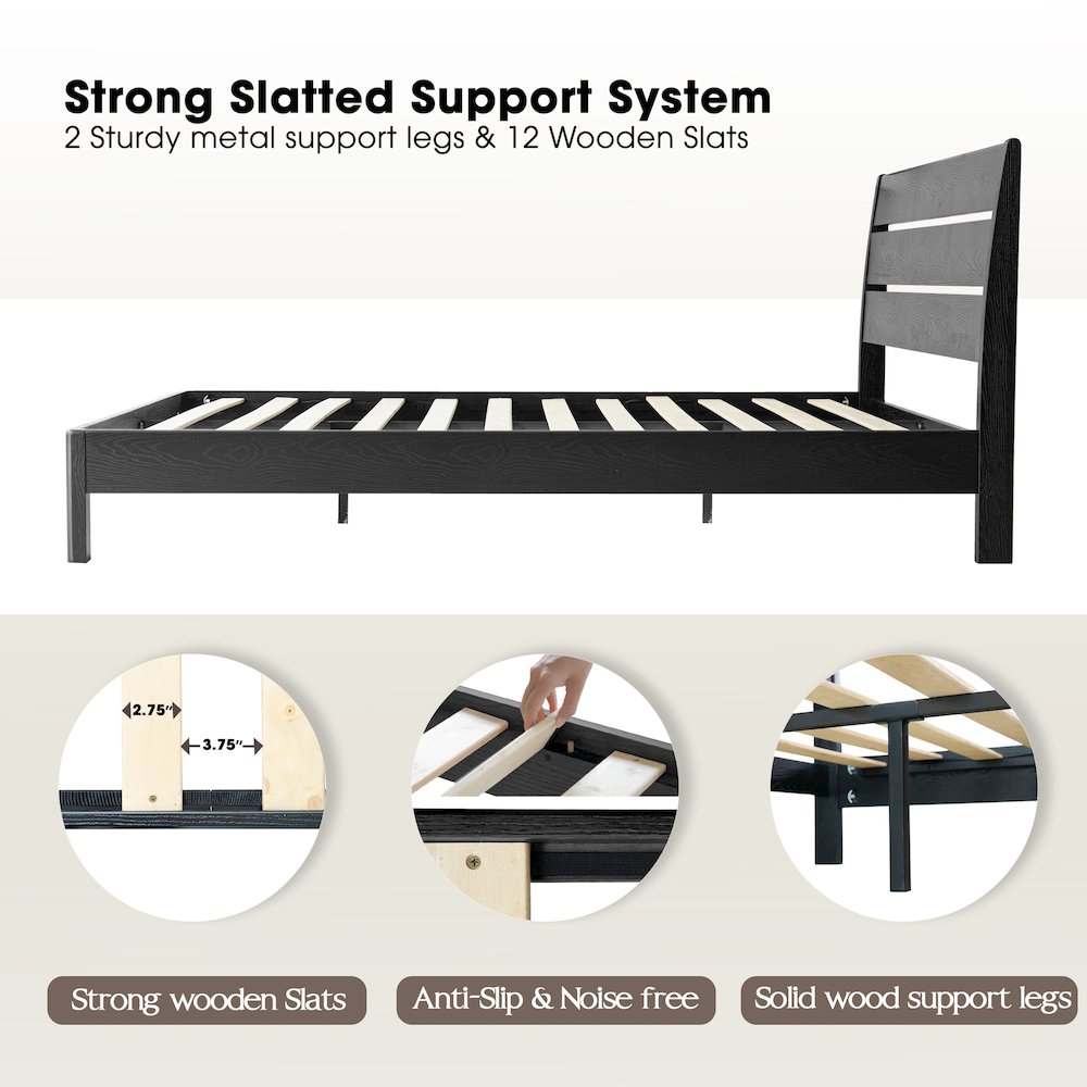 Full Wooden Platform Bed Frame, Ebony Oak Finish, Morden Style. Picture 3