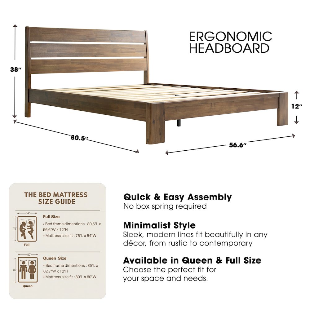 Full Wooden Platform Bed Frame, Walnut Finish, Morden Style. Picture 1