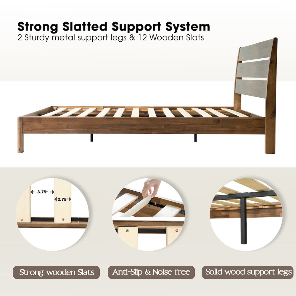 Full Wooden Platform Bed Frame, Walnut Finish, Morden Style. Picture 3