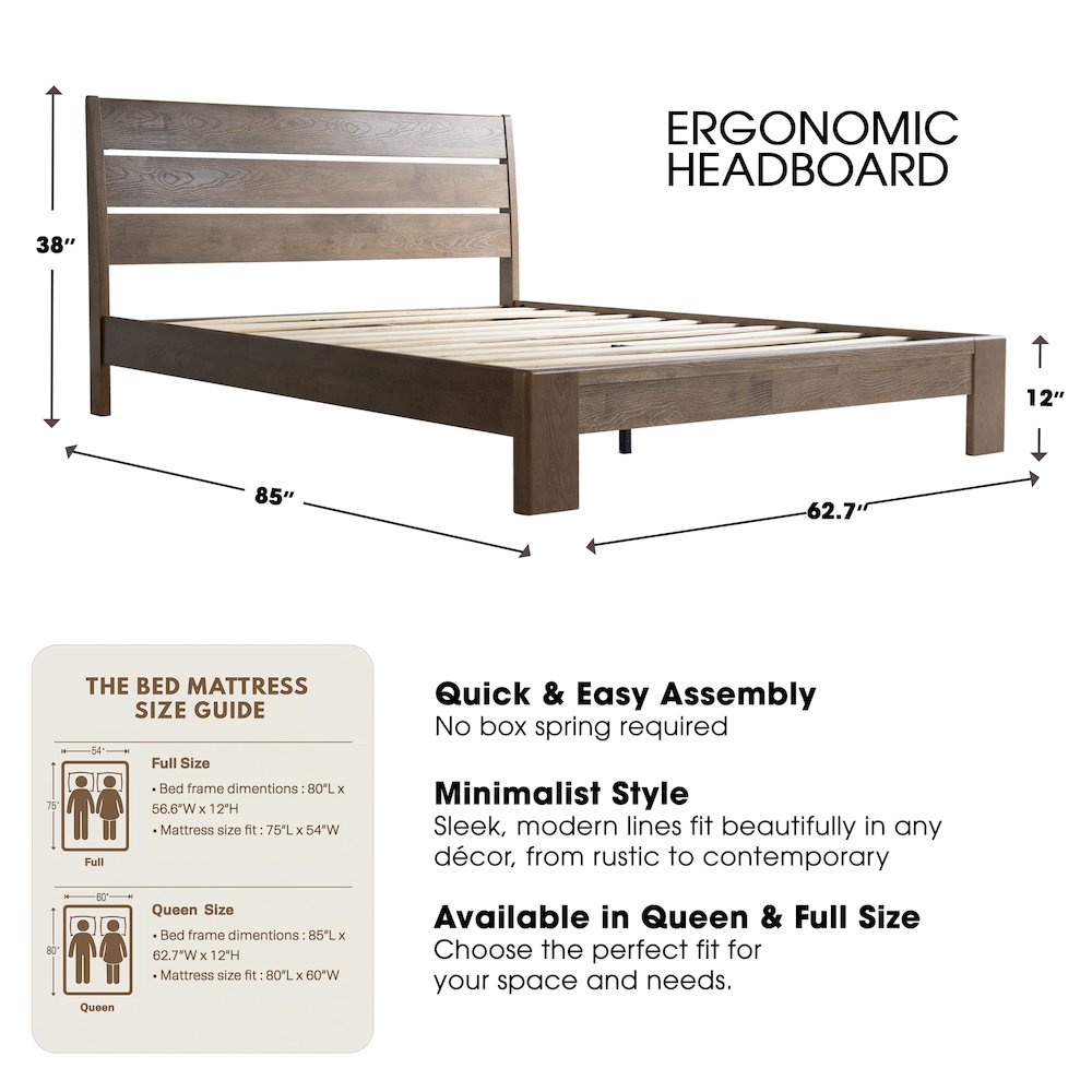 Queen Wooden Platform Bed Frame, Barnwood Finish, Morden Style. Picture 1