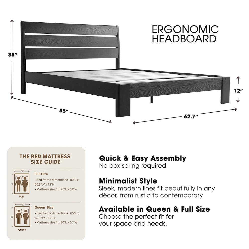 Queen Wooden Platform Bed Frame, Ebony Oak Finish, Morden Style. Picture 1