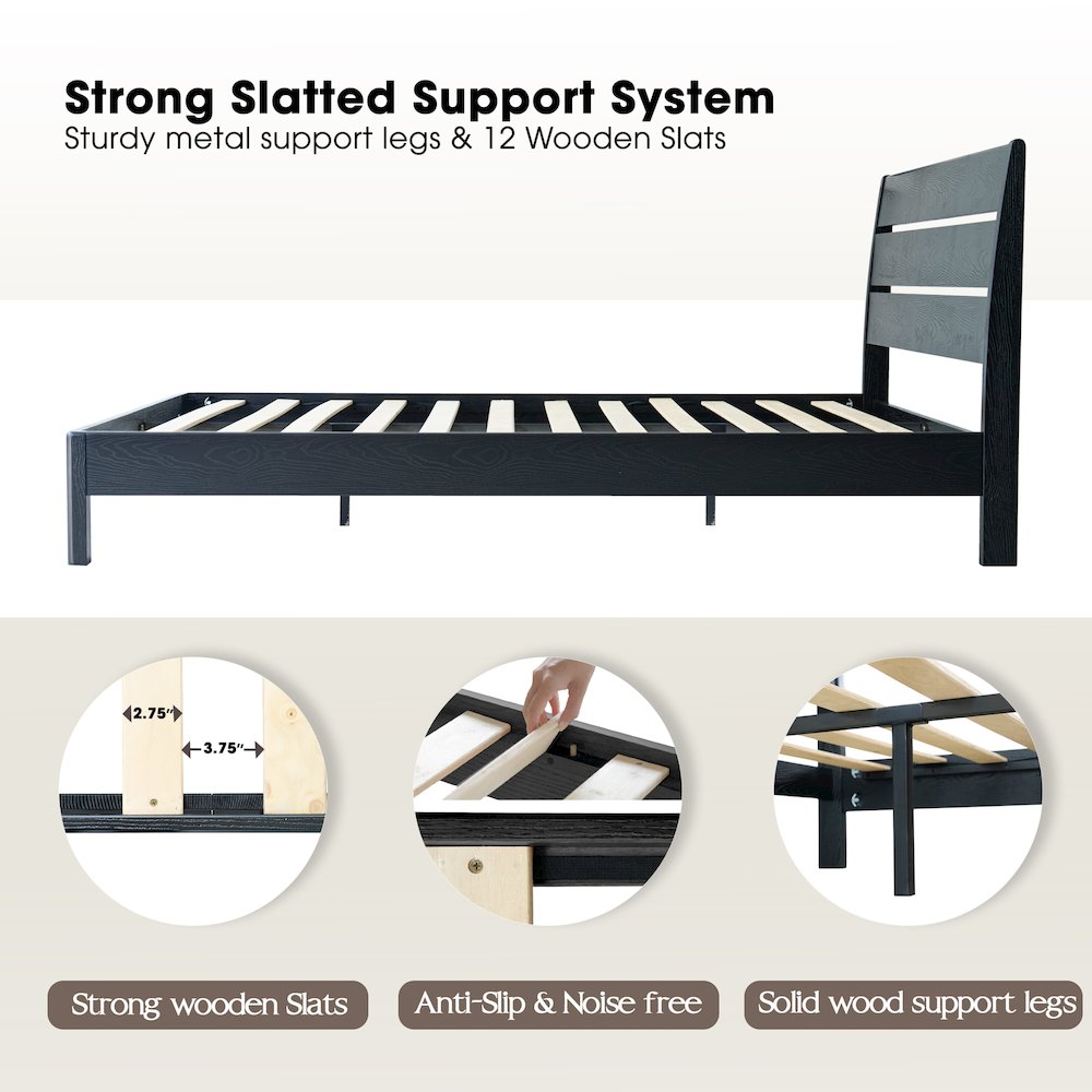 Queen Wooden Platform Bed Frame, Ebony Oak Finish, Morden Style. Picture 3