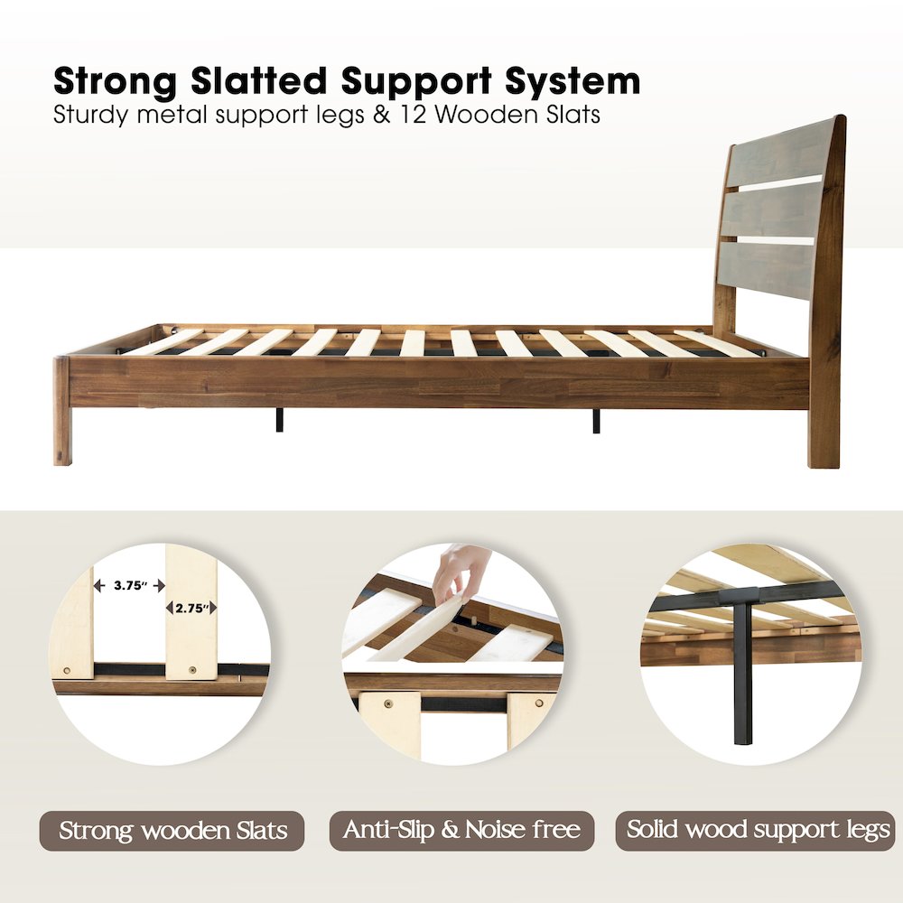 Queen Wooden Platform Bed Frame, Walnut Finish, Morden Style. Picture 3