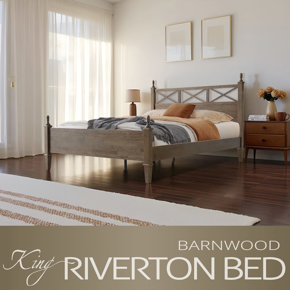 King Wooden Platform Bed Frame, Barnwood Finish, Traditional Style. Picture 6