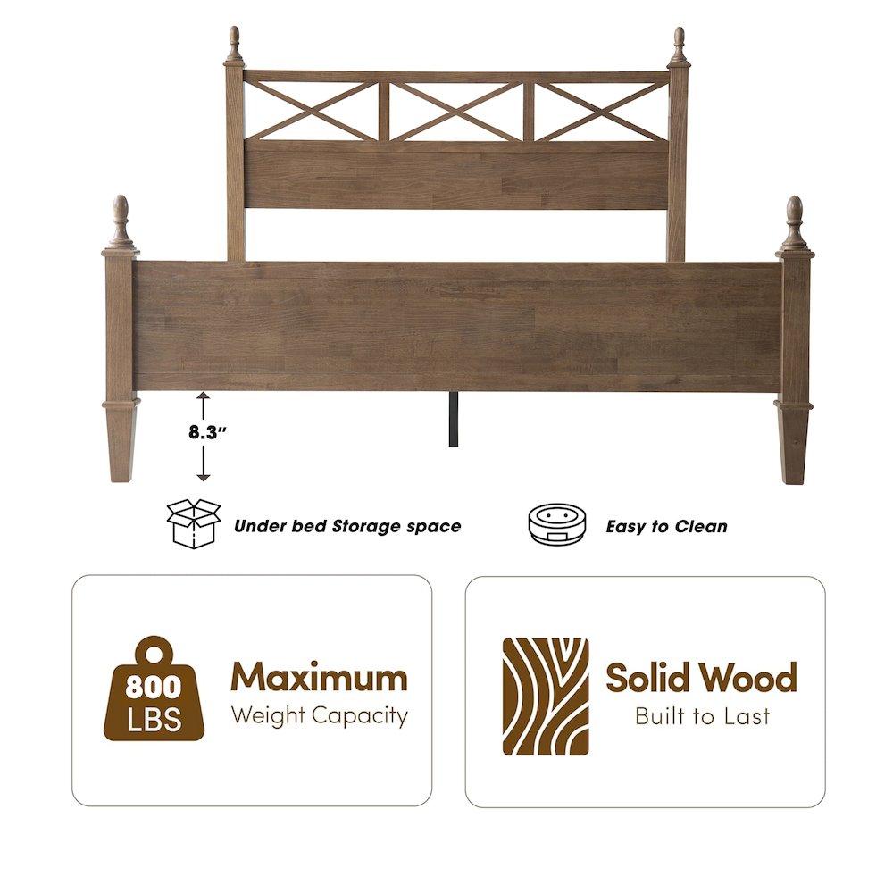 King Wooden Platform Bed Frame, Barnwood Finish, Traditional Style. Picture 1