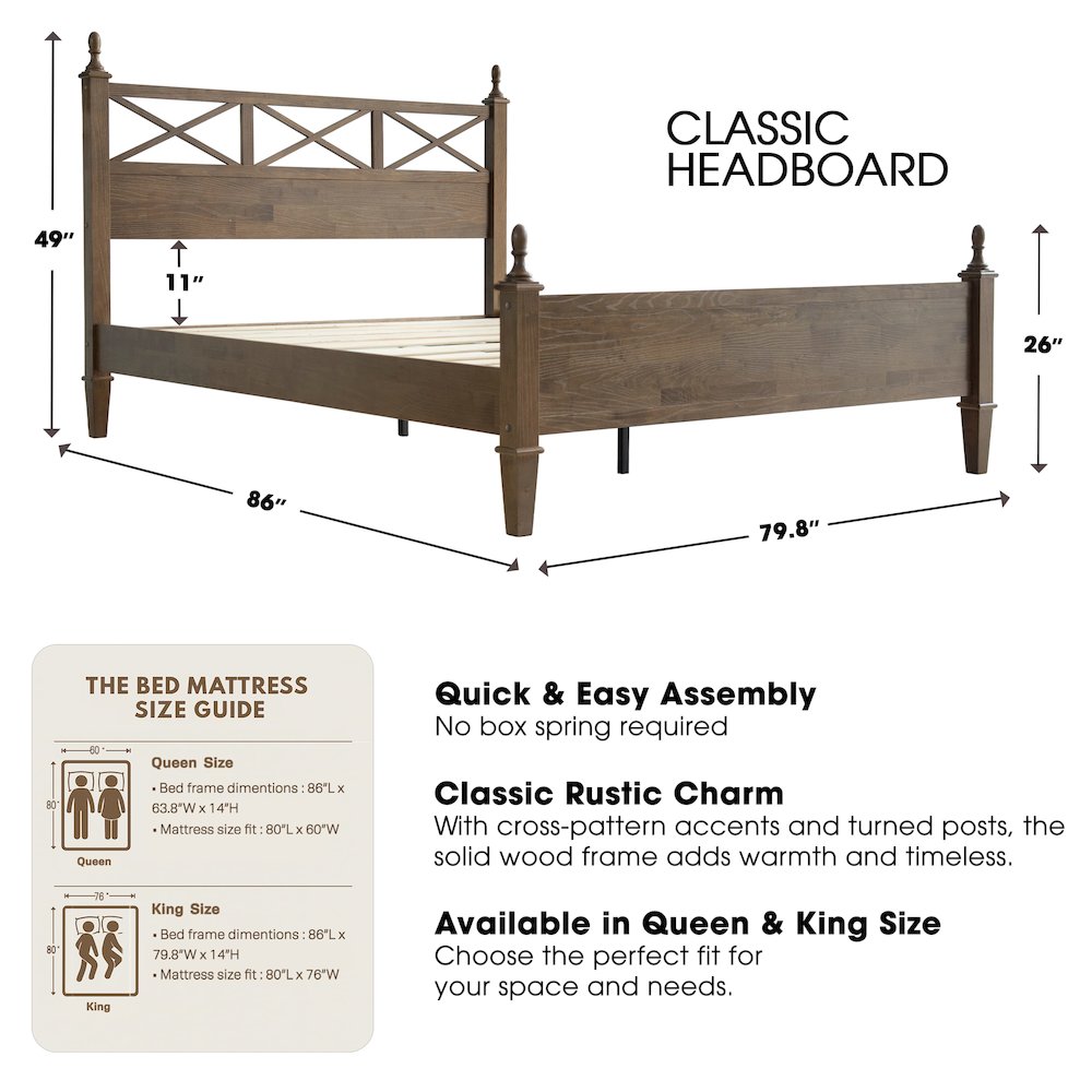 King Wooden Platform Bed Frame, Barnwood Finish, Traditional Style. Picture 2