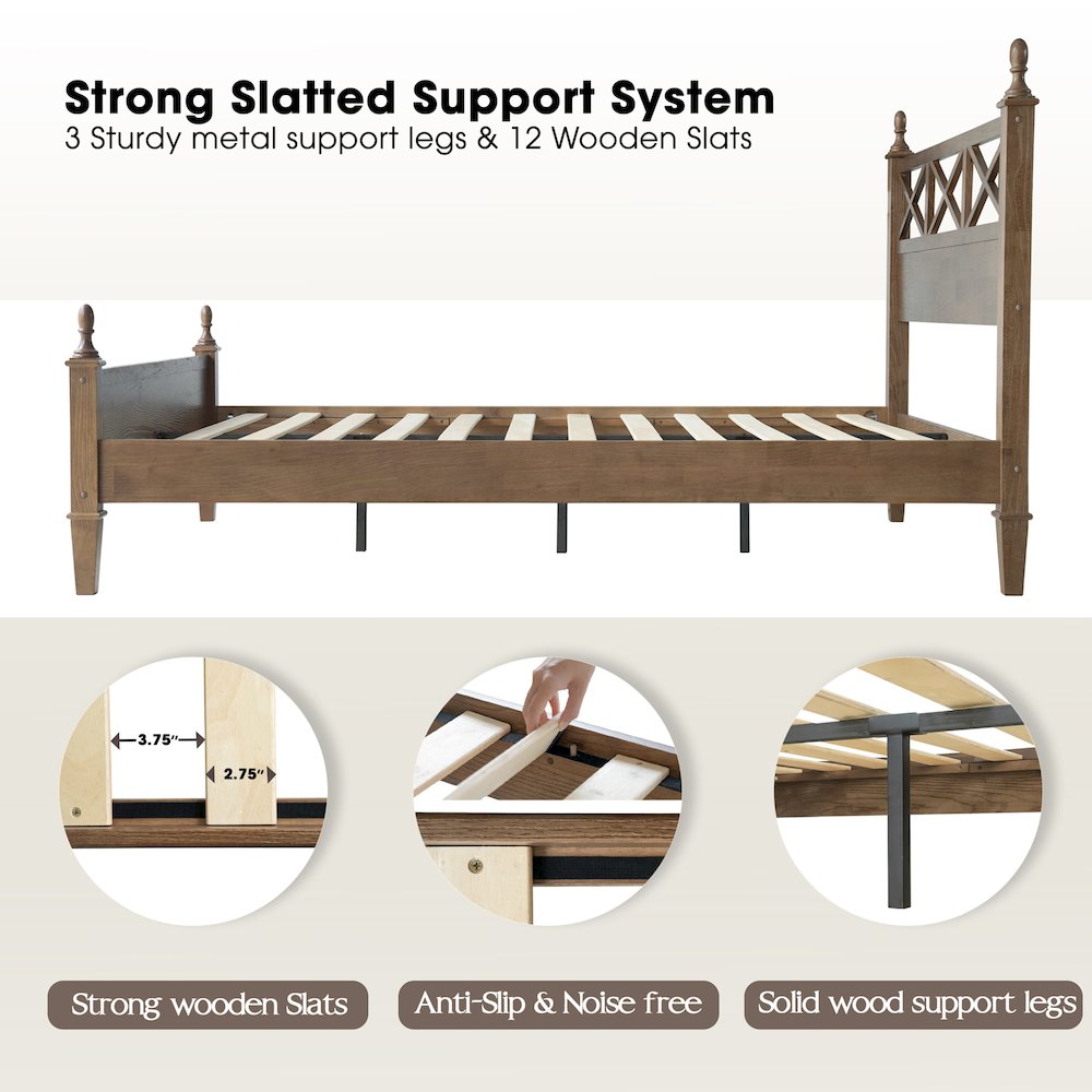 King Wooden Platform Bed Frame, Barnwood Finish, Traditional Style. Picture 3