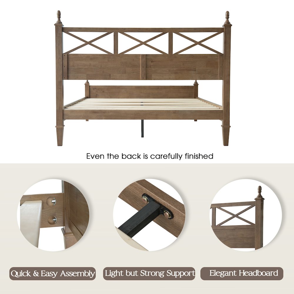 King Wooden Platform Bed Frame, Barnwood Finish, Traditional Style. Picture 4