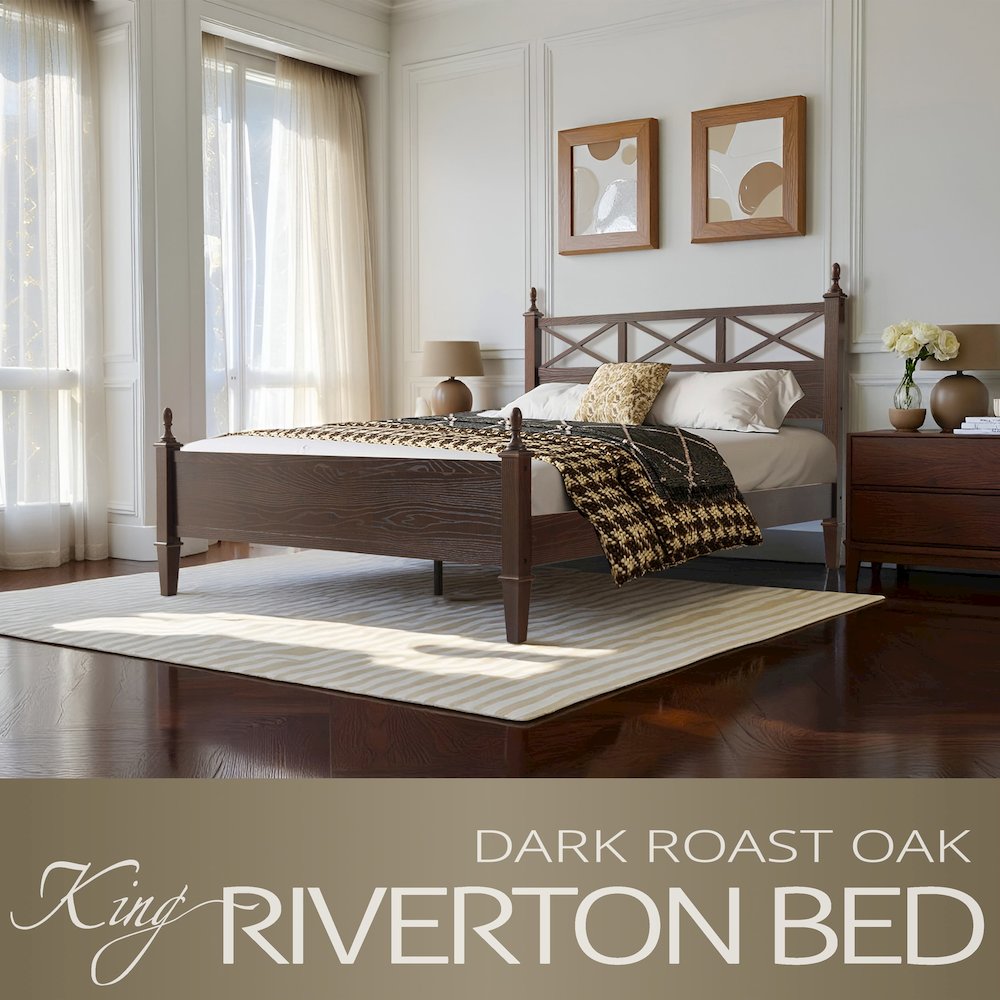 King Wooden Platform Bed Frame, Dark Roast Oak Finish, Traditional Style. Picture 6