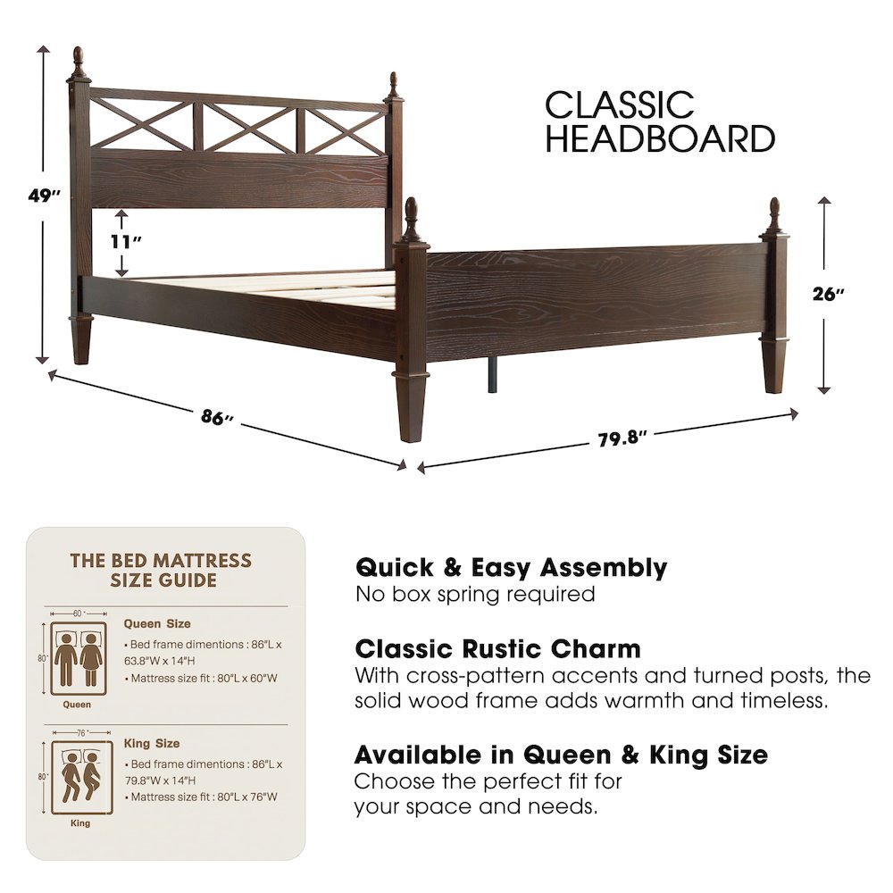 King Wooden Platform Bed Frame, Dark Roast Oak Finish, Traditional Style. Picture 2