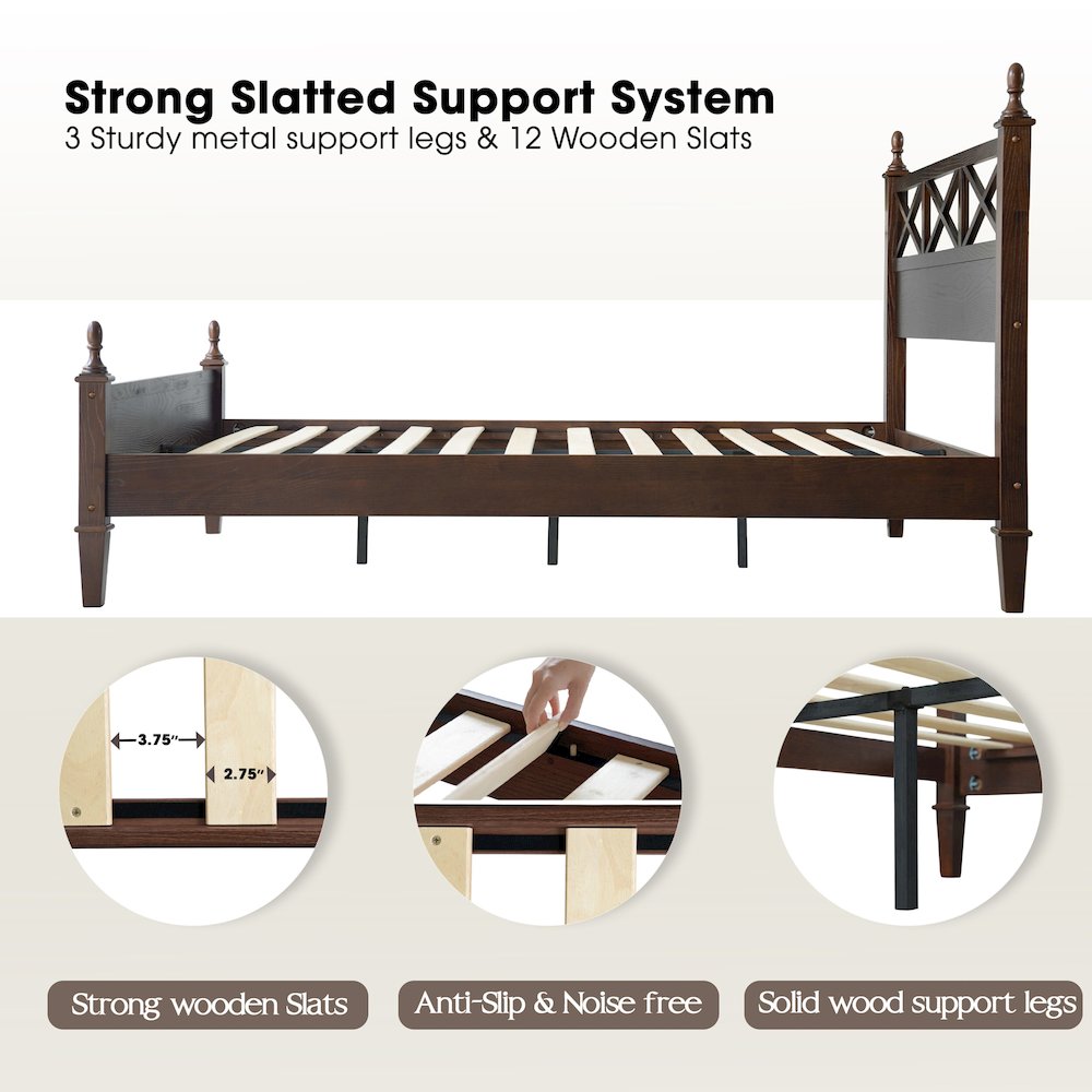 King Wooden Platform Bed Frame, Dark Roast Oak Finish, Traditional Style. Picture 3