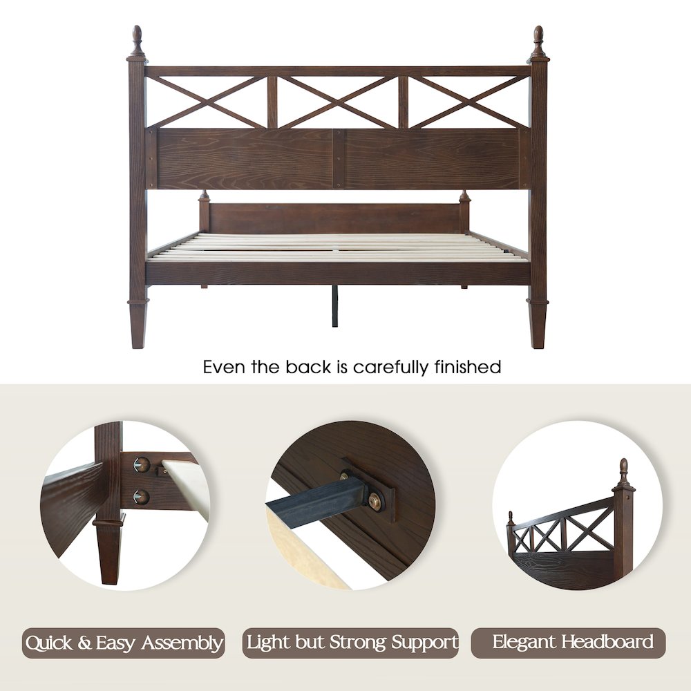 King Wooden Platform Bed Frame, Dark Roast Oak Finish, Traditional Style. Picture 4