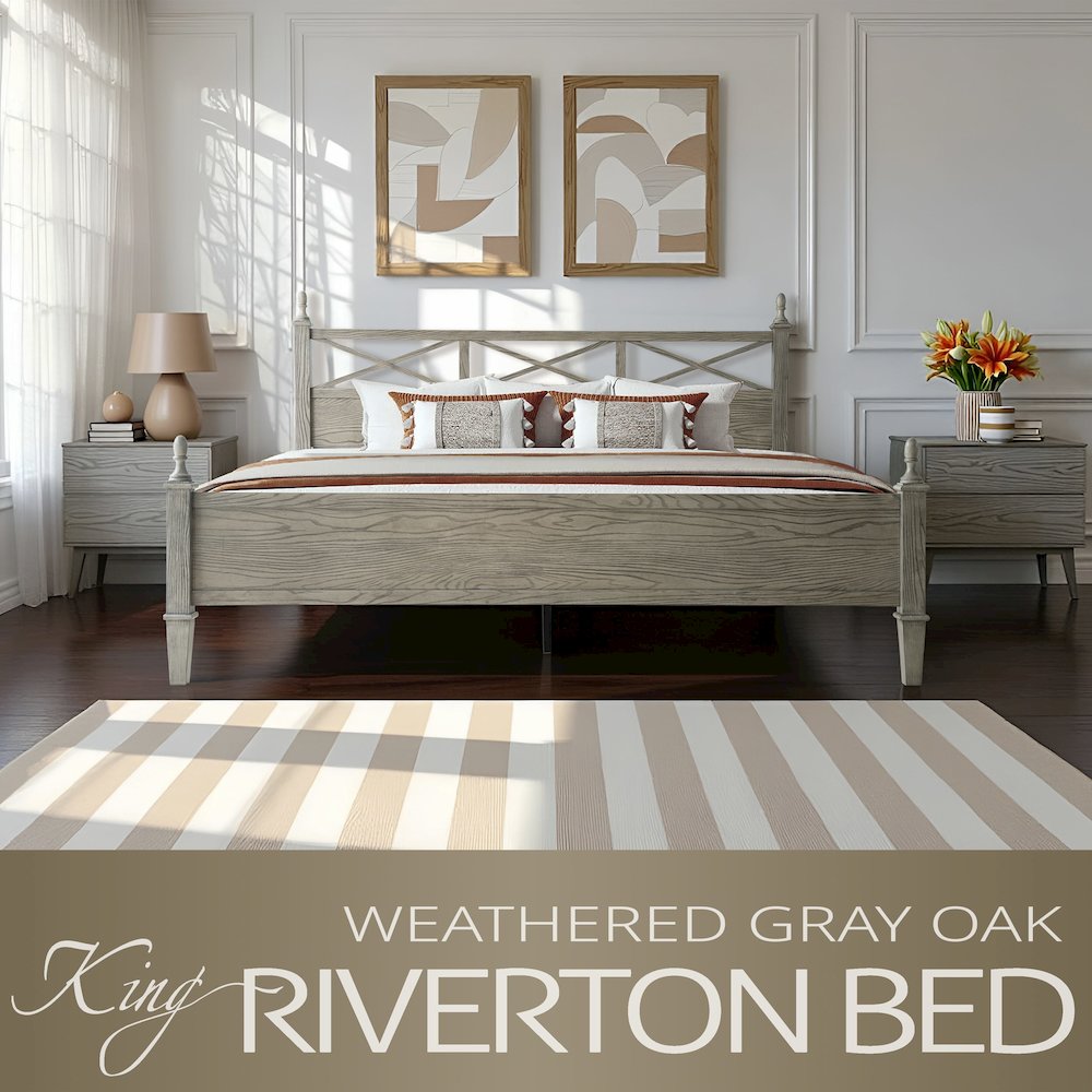 King Wooden Platform Bed Frame, Weathered Gray Oak Finish, Traditional Style. Picture 6