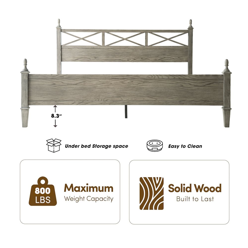 King Wooden Platform Bed Frame, Weathered Gray Oak Finish, Traditional Style. Picture 1