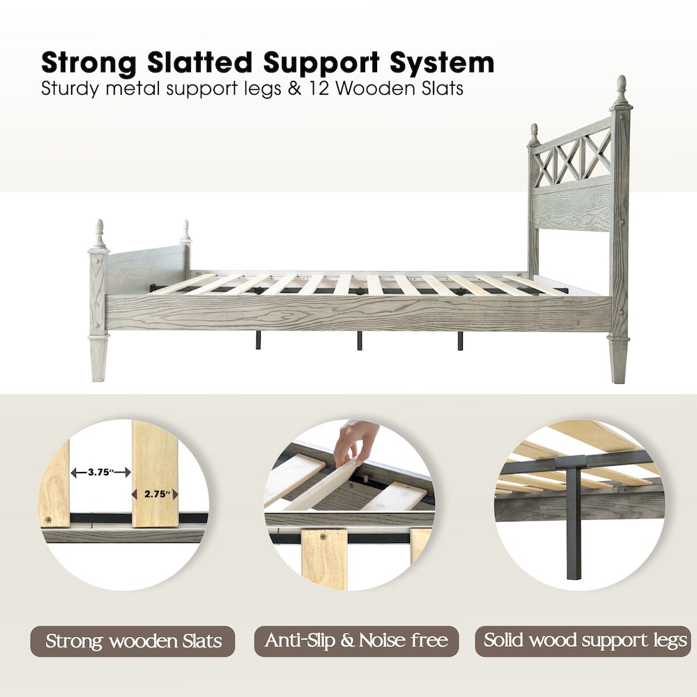King Wooden Platform Bed Frame, Weathered Gray Oak Finish, Traditional Style. Picture 2