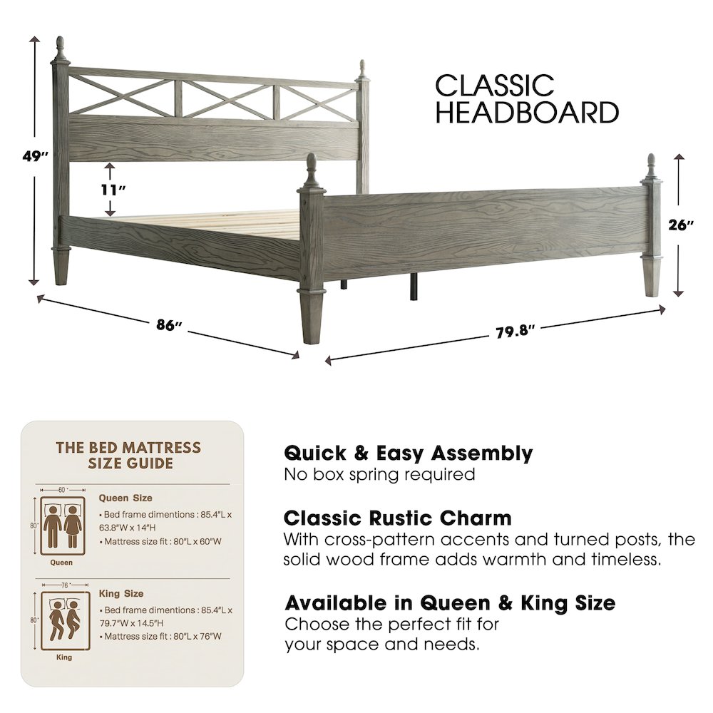 King Wooden Platform Bed Frame, Weathered Gray Oak Finish, Traditional Style. Picture 3