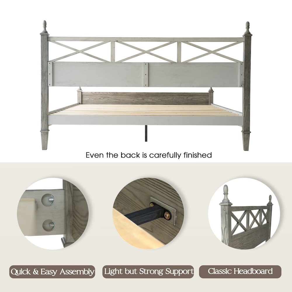 King Wooden Platform Bed Frame, Weathered Gray Oak Finish, Traditional Style. Picture 4