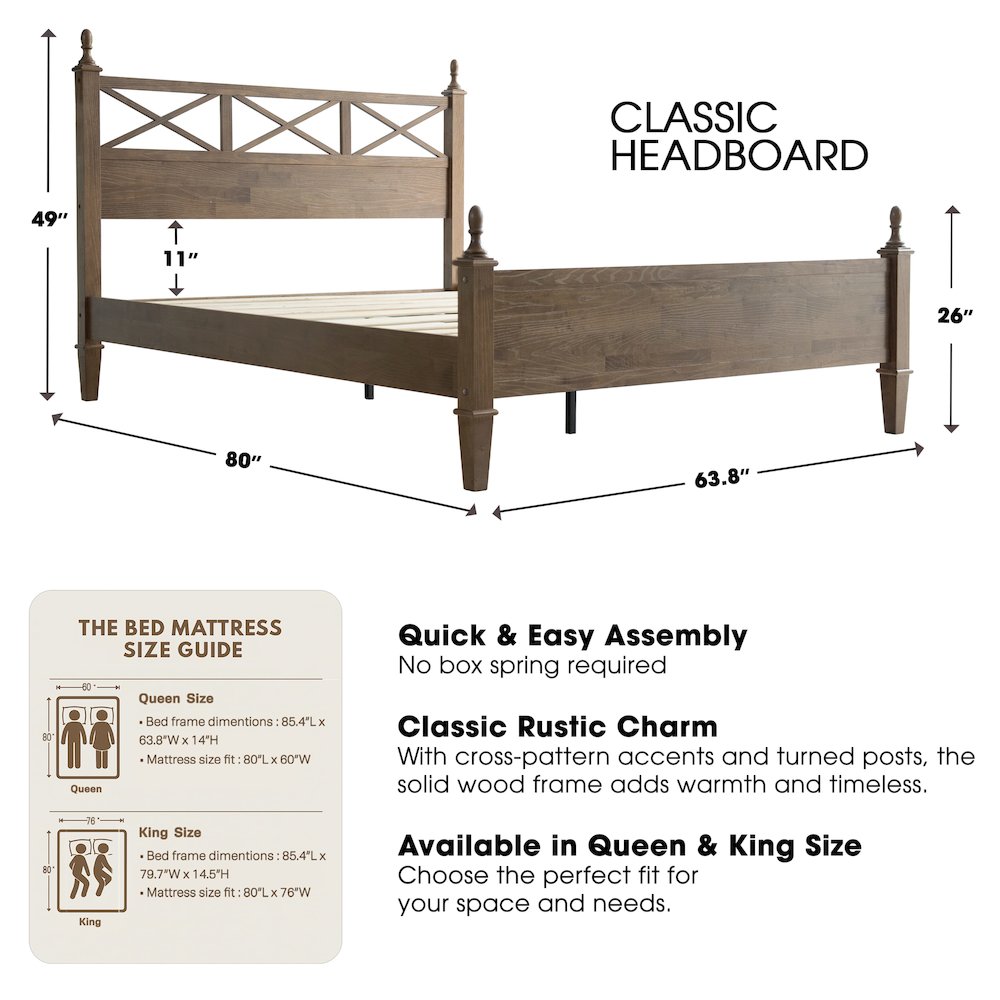 Queen Wooden Platform Bed Frame, Barnwood Finish, Traditional Style. Picture 2