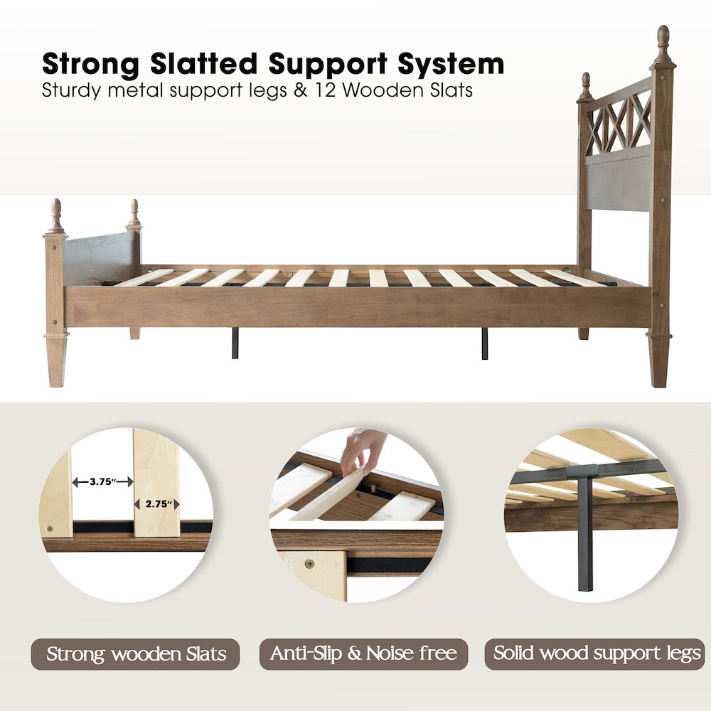 Queen Wooden Platform Bed Frame, Barnwood Finish, Traditional Style. Picture 3