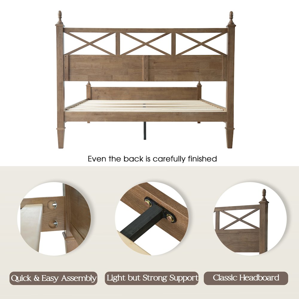 Queen Wooden Platform Bed Frame, Barnwood Finish, Traditional Style. Picture 4
