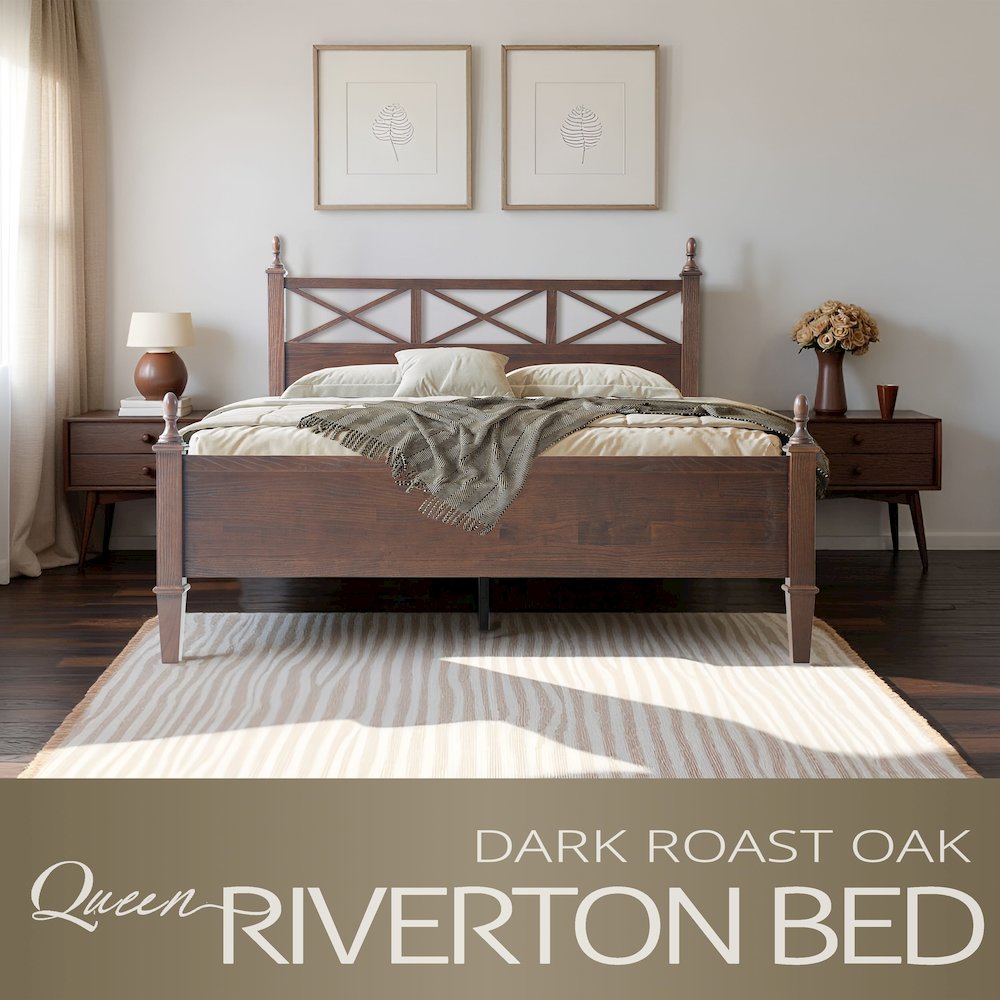Queen Wooden Platform Bed Frame, Dark Roast Oak Finish, Traditional Style. Picture 6