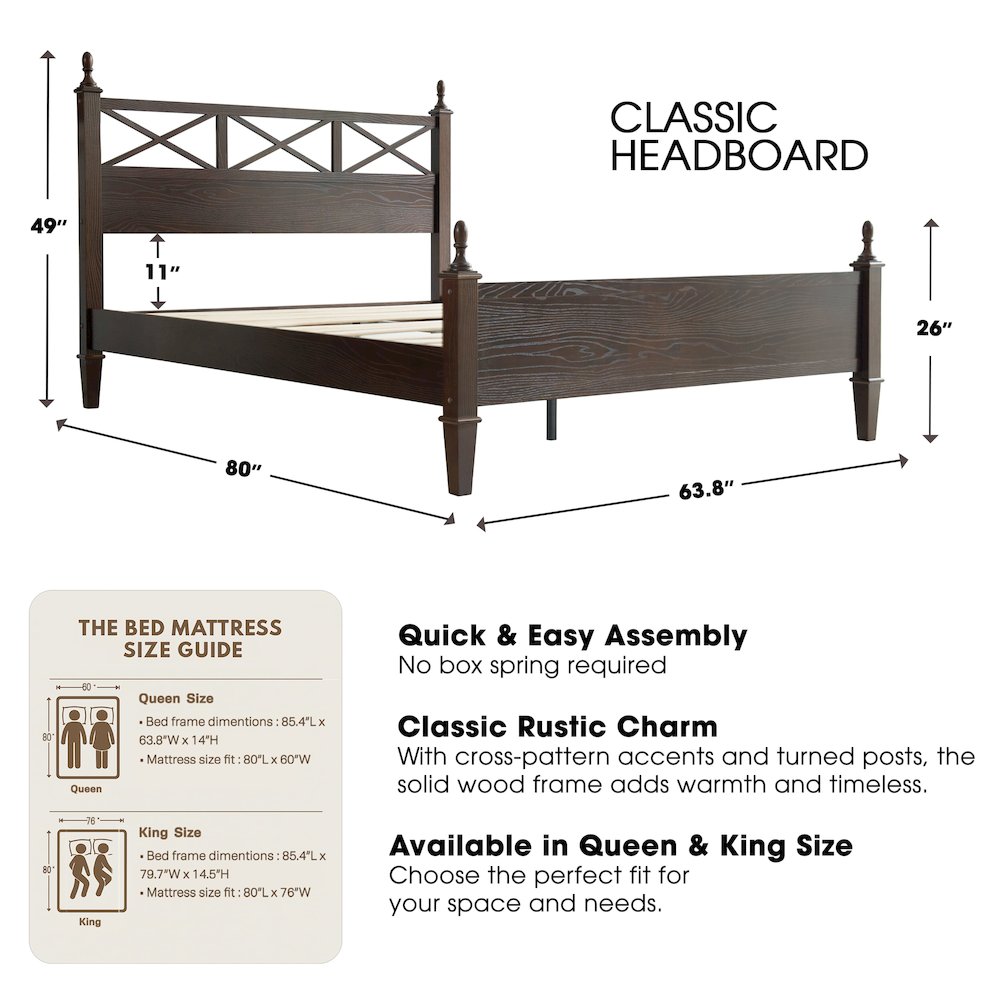 Queen Wooden Platform Bed Frame, Dark Roast Oak Finish, Traditional Style. Picture 2