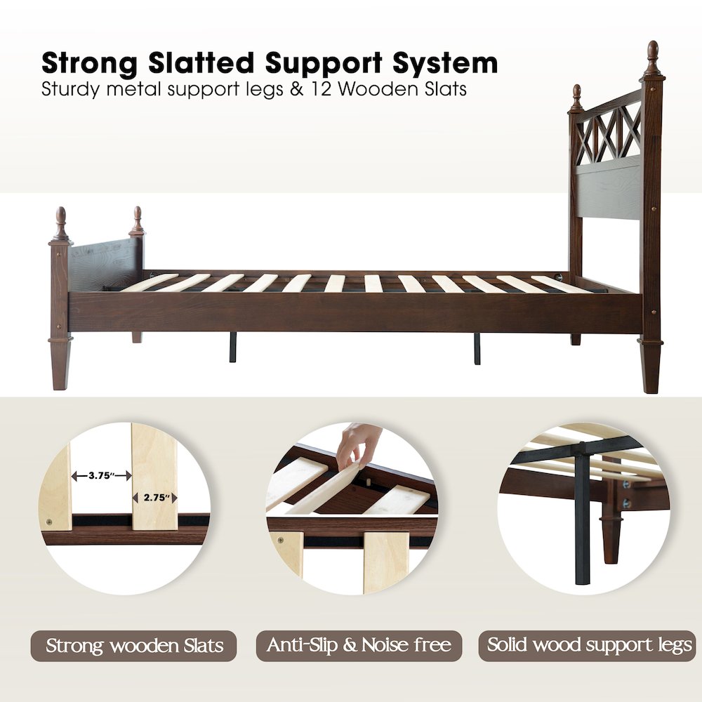 Queen Wooden Platform Bed Frame, Dark Roast Oak Finish, Traditional Style. Picture 3