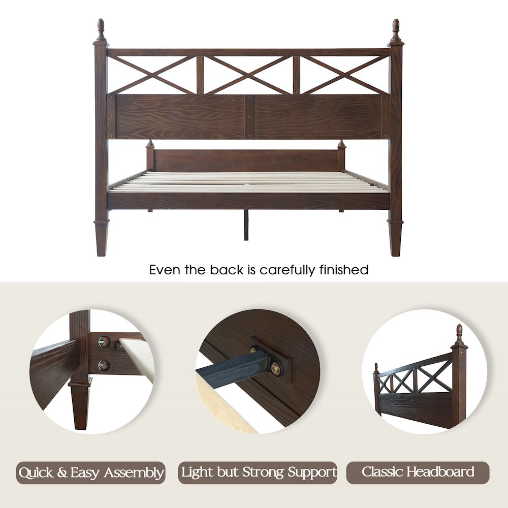 Queen Wooden Platform Bed Frame, Dark Roast Oak Finish, Traditional Style. Picture 4