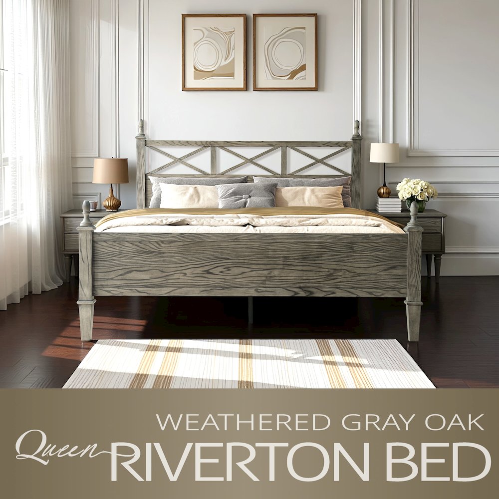 Queen Wooden Platform Bed Frame, Weathered Gray Oak Finish, Traditional Style. Picture 6