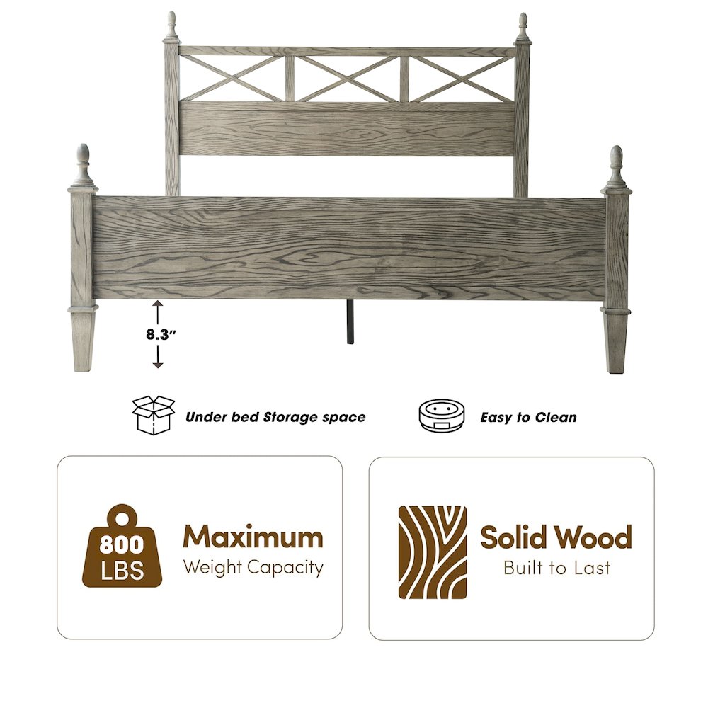 Queen Wooden Platform Bed Frame, Weathered Gray Oak Finish, Traditional Style. Picture 1