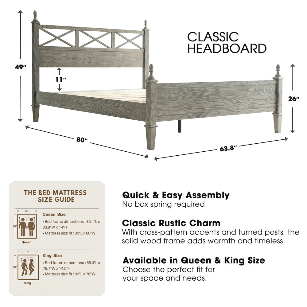 Queen Wooden Platform Bed Frame, Weathered Gray Oak Finish, Traditional Style. Picture 2