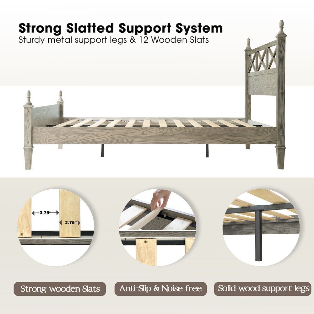 Queen Wooden Platform Bed Frame, Weathered Gray Oak Finish, Traditional Style. Picture 3
