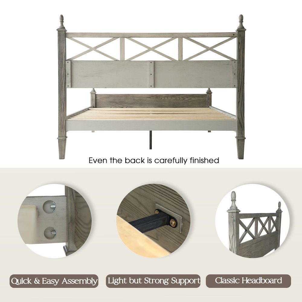 Queen Wooden Platform Bed Frame, Weathered Gray Oak Finish, Traditional Style. Picture 4