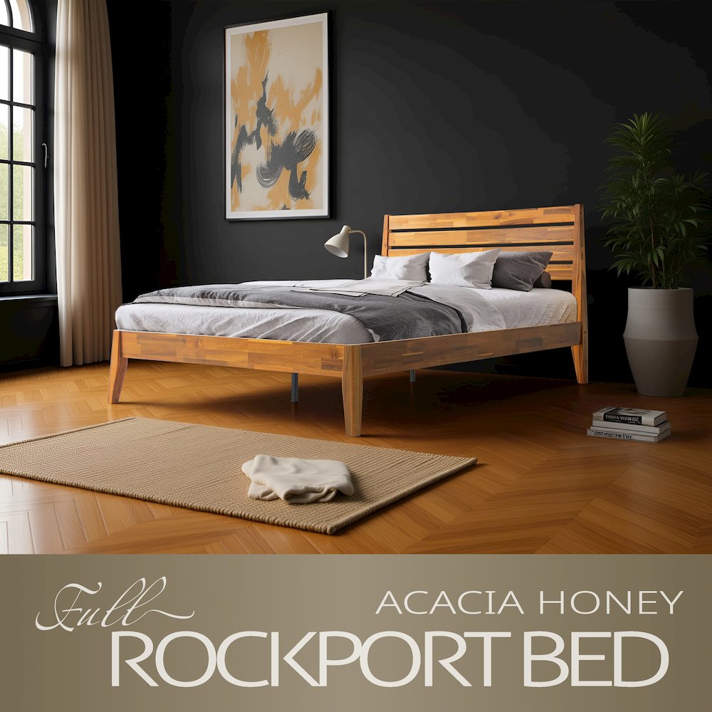 Full Wooden Platform Bed Frame, Acacia Honey Finish, Morden Style. Picture 6
