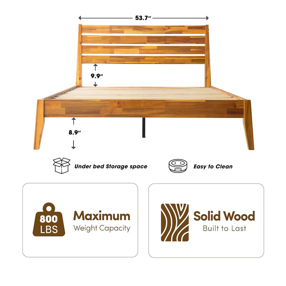 Full Wooden Platform Bed Frame, Acacia Honey Finish, Morden Style. Picture 1