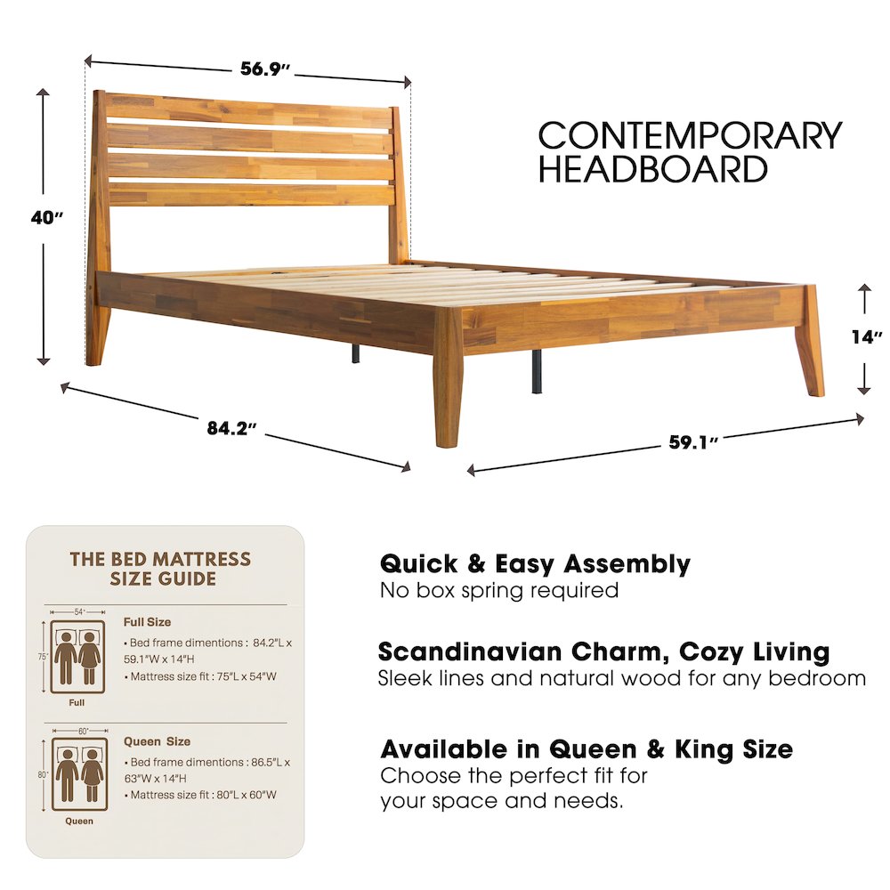Full Wooden Platform Bed Frame, Acacia Honey Finish, Morden Style. Picture 2