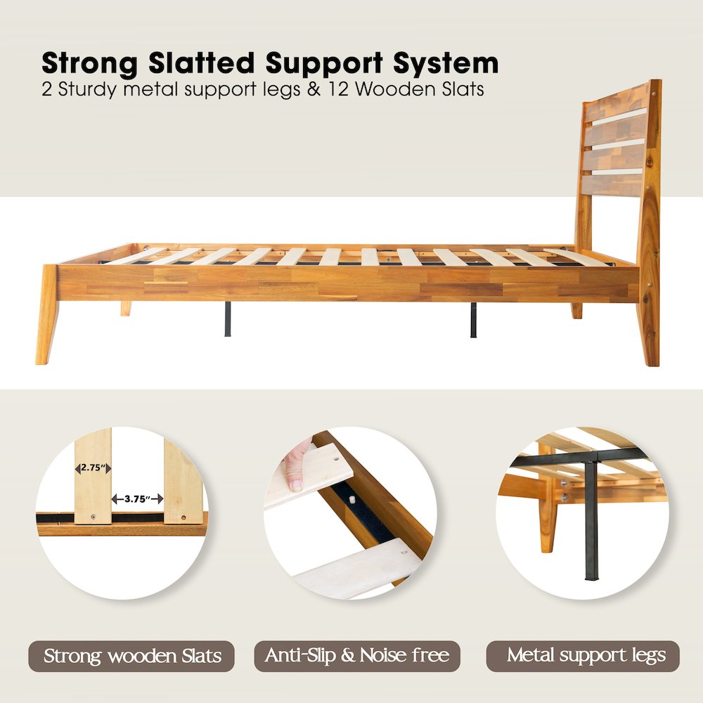 Full Wooden Platform Bed Frame, Acacia Honey Finish, Morden Style. Picture 3