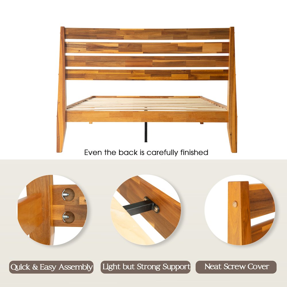 Full Wooden Platform Bed Frame, Acacia Honey Finish, Morden Style. Picture 4